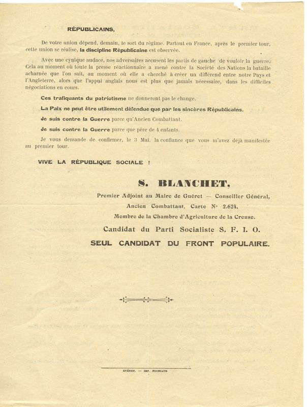 Profession de foi de Sylvain Blanchet pour les élections législatives de 1936