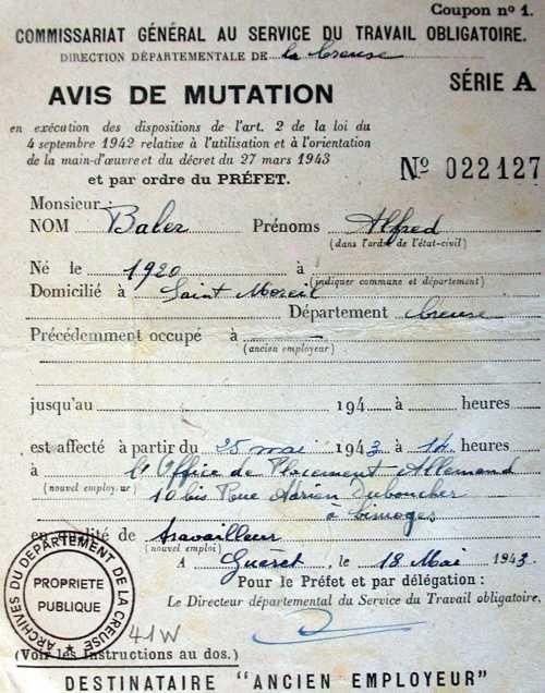 AD 23, 41 W 43     Avis de mutation pour le S. T. O., 18 mai 1943.