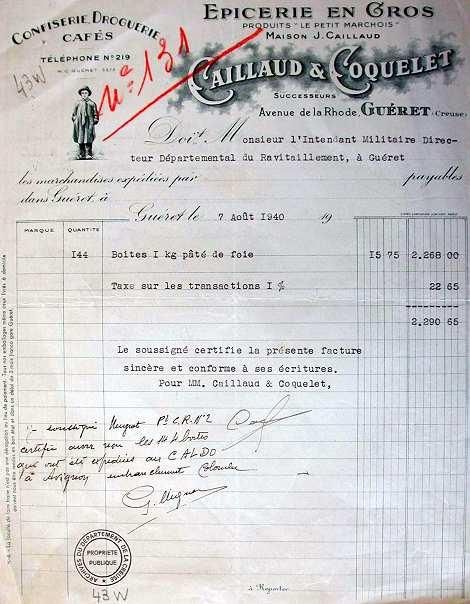 AD 23, 43 W 1     Facture de lépicerie en gros Caillaud et Coquelet pour lachat de 144 kg de pâté de foie par les services du Ravitaillement général, 7 août 1940.