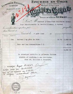 AD 23, 43 W 1     Facture de lépicerie en gros Caillaud et Coquelet pour lachat de 144 kg de pâté de foie par les services du Ravitaillement général, 7 août 1940.