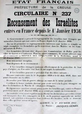 AD 23, 976 W     Circulaire préfectorale instituant le recensement des "Israélites", 1er février 1942.