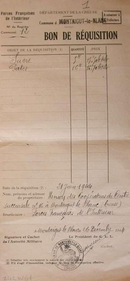 AD 23, 242 W 61     Bon de réquisition établi au bénéfice des F. F. I., 26 décembre 1944.