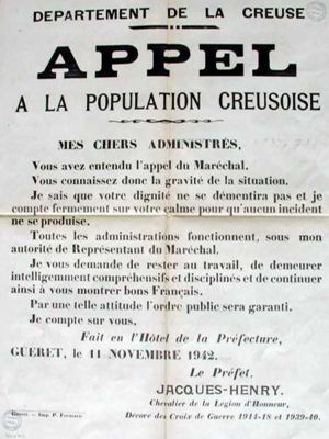 AD 23, 976 W     Appel du préfet Jacques-Henry à la population creusoise, 11 novembre 1942.