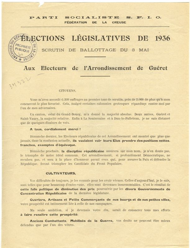 Profession de foi de Sylvain Blanchet pour les élections législatives de 1936. 